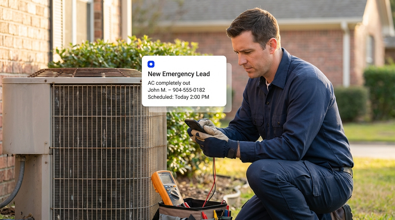 An HVAC technician servicing a condenser unit outside a home